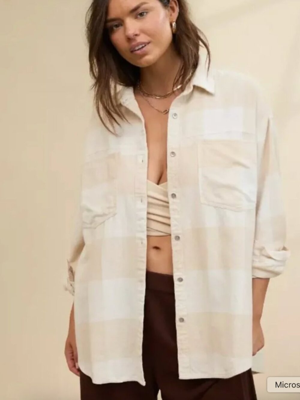 Aerie - Anytime Fave Beige & Cream Plaid Flannel Button-down Shirt - sz S